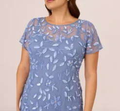 Adrianna Papell Wedding Guest Dresses|Formal Dresses*Plus Size Hand Beaded Short Sleeve Floral Godet Gown In French Blue