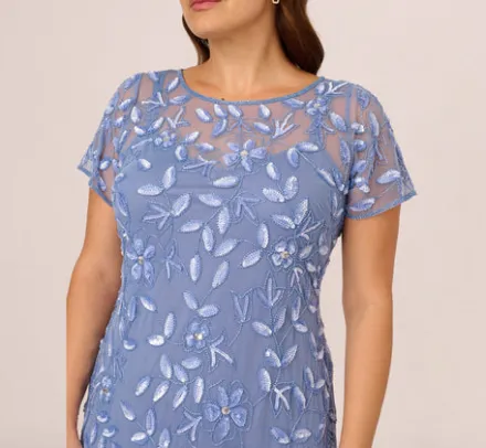 Adrianna Papell Wedding Guest Dresses|Formal Dresses*Plus Size Hand Beaded Short Sleeve Floral Godet Gown In French Blue