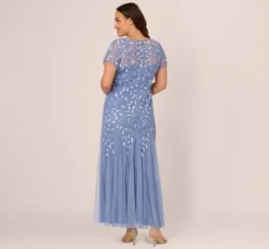 Adrianna Papell Wedding Guest Dresses|Formal Dresses*Plus Size Hand Beaded Short Sleeve Floral Godet Gown In French Blue