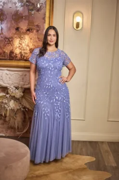 Adrianna Papell Wedding Guest Dresses|Formal Dresses*Plus Size Hand Beaded Short Sleeve Floral Godet Gown In French Blue