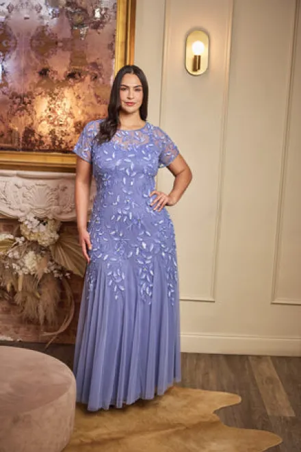 Adrianna Papell Wedding Guest Dresses|Formal Dresses*Plus Size Hand Beaded Short Sleeve Floral Godet Gown In French Blue
