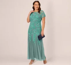 Adrianna Papell Wedding Guest Dresses|Formal Dresses*Plus Size Hand Beaded Short Sleeve Floral Godet Gown In Green Slate