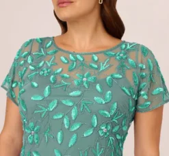 Adrianna Papell Wedding Guest Dresses|Formal Dresses*Plus Size Hand Beaded Short Sleeve Floral Godet Gown In Green Slate