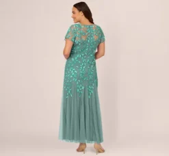 Adrianna Papell Wedding Guest Dresses|Formal Dresses*Plus Size Hand Beaded Short Sleeve Floral Godet Gown In Green Slate