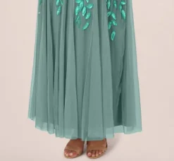 Adrianna Papell Wedding Guest Dresses|Formal Dresses*Plus Size Hand Beaded Short Sleeve Floral Godet Gown In Green Slate