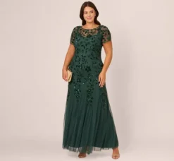 Adrianna Papell Wedding Guest Dresses|Formal Dresses*Plus Size Hand Beaded Short Sleeve Floral Godet Gown In Dusty Emerald