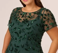 Adrianna Papell Wedding Guest Dresses|Formal Dresses*Plus Size Hand Beaded Short Sleeve Floral Godet Gown In Dusty Emerald