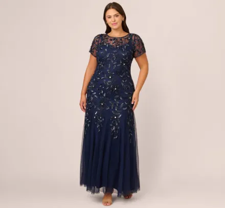 Adrianna Papell Wedding Guest Dresses|Formal Dresses*Plus Size Hand Beaded Short Sleeve Floral Godet Gown In Light Navy