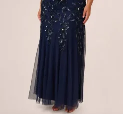 Adrianna Papell Wedding Guest Dresses|Formal Dresses*Plus Size Hand Beaded Short Sleeve Floral Godet Gown In Light Navy