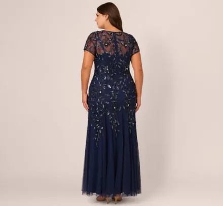 Adrianna Papell Wedding Guest Dresses|Formal Dresses*Plus Size Hand Beaded Short Sleeve Floral Godet Gown In Light Navy