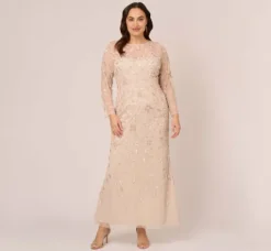 Adrianna Papell Wedding Guest Dresses|Formal Dresses*Plus Size Illusion Floral Beaded Gown With Sheer Long Sleeves In