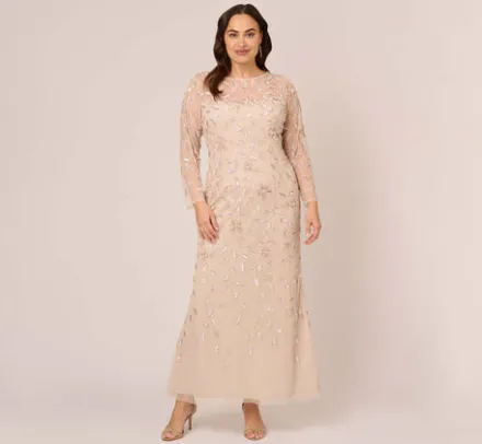 Adrianna Papell Wedding Guest Dresses|Formal Dresses*Plus Size Illusion Floral Beaded Gown With Sheer Long Sleeves In