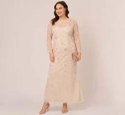 Adrianna Papell Wedding Guest Dresses|Formal Dresses*Plus Size Illusion Floral Beaded Gown With Sheer Long Sleeves In