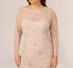Adrianna Papell Wedding Guest Dresses|Formal Dresses*Plus Size Illusion Floral Beaded Gown With Sheer Long Sleeves In