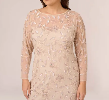 Adrianna Papell Wedding Guest Dresses|Formal Dresses*Plus Size Illusion Floral Beaded Gown With Sheer Long Sleeves In