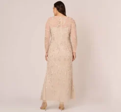 Adrianna Papell Wedding Guest Dresses|Formal Dresses*Plus Size Illusion Floral Beaded Gown With Sheer Long Sleeves In