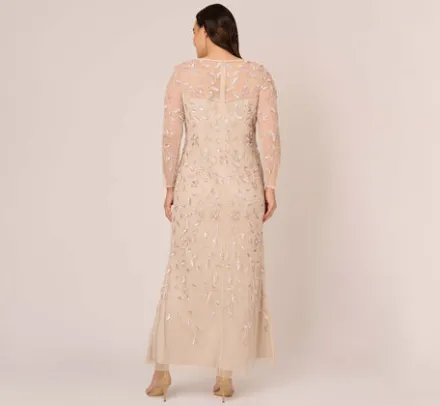 Adrianna Papell Wedding Guest Dresses|Formal Dresses*Plus Size Illusion Floral Beaded Gown With Sheer Long Sleeves In