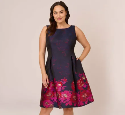 Adrianna Papell Wedding Guest Dresses|Day Dresses*Plus Size Jacquard Midi Dress With Metallic Floral Trim In Navy Pink Multi