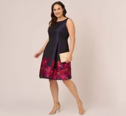 Adrianna Papell Wedding Guest Dresses|Day Dresses*Plus Size Jacquard Midi Dress With Metallic Floral Trim In Navy Pink Multi