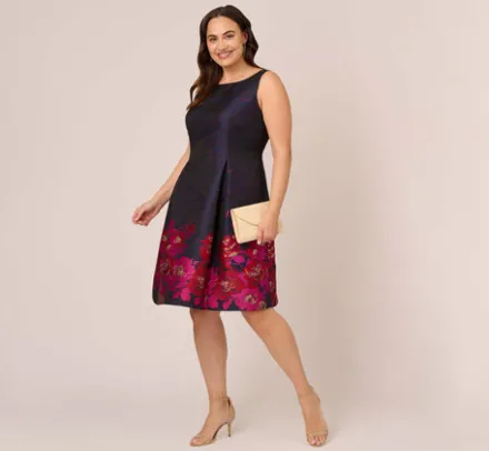 Adrianna Papell Wedding Guest Dresses|Day Dresses*Plus Size Jacquard Midi Dress With Metallic Floral Trim In Navy Pink Multi