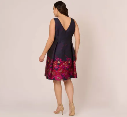 Adrianna Papell Wedding Guest Dresses|Day Dresses*Plus Size Jacquard Midi Dress With Metallic Floral Trim In Navy Pink Multi