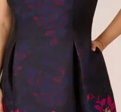 Adrianna Papell Wedding Guest Dresses|Day Dresses*Plus Size Jacquard Midi Dress With Metallic Floral Trim In Navy Pink Multi