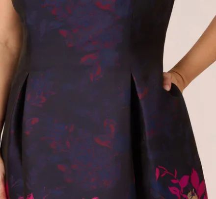 Adrianna Papell Wedding Guest Dresses|Day Dresses*Plus Size Jacquard Midi Dress With Metallic Floral Trim In Navy Pink Multi