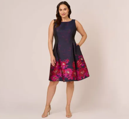 Adrianna Papell Wedding Guest Dresses|Day Dresses*Plus Size Jacquard Midi Dress With Metallic Floral Trim In Navy Pink Multi