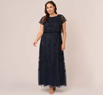 Adrianna Papell Wedding Guest Dresses|Formal Dresses*Plus Size Jasmine Beaded Blouson Gown With Sheer Short Sleeves In Navy Black