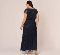 Adrianna Papell Wedding Guest Dresses|Formal Dresses*Plus Size Jasmine Beaded Blouson Gown With Sheer Short Sleeves In Navy Black