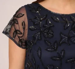 Adrianna Papell Wedding Guest Dresses|Formal Dresses*Plus Size Jasmine Beaded Blouson Gown With Sheer Short Sleeves In Navy Black