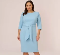 Adrianna Papell Wedding Guest Dresses|Day Dresses*Plus Size Knit Crepe Bow Sheath Dress With Three Quarter Sleeves In Blue Mist