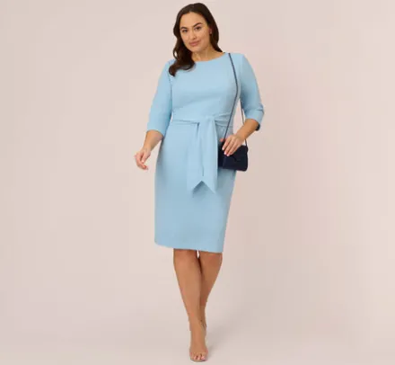 Adrianna Papell Wedding Guest Dresses|Day Dresses*Plus Size Knit Crepe Bow Sheath Dress With Three Quarter Sleeves In Blue Mist