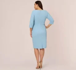 Adrianna Papell Wedding Guest Dresses|Day Dresses*Plus Size Knit Crepe Bow Sheath Dress With Three Quarter Sleeves In Blue Mist