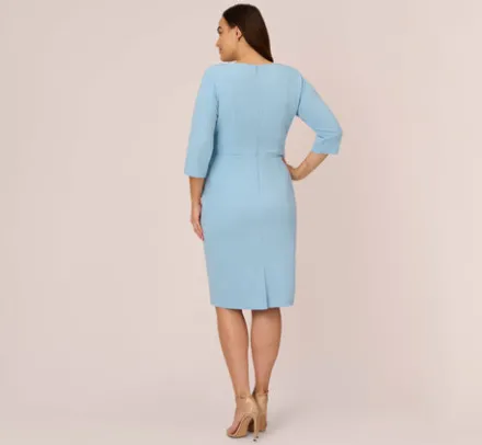Adrianna Papell Wedding Guest Dresses|Day Dresses*Plus Size Knit Crepe Bow Sheath Dress With Three Quarter Sleeves In Blue Mist