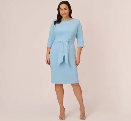 Adrianna Papell Wedding Guest Dresses|Day Dresses*Plus Size Knit Crepe Bow Sheath Dress With Three Quarter Sleeves In Blue Mist