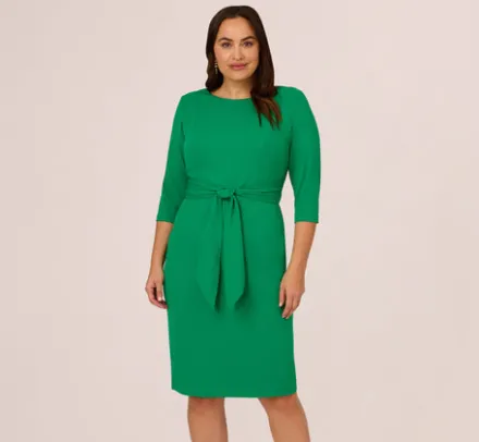 Adrianna Papell Wedding Guest Dresses|Day Dresses*Plus Size Knit Crepe Bow Sheath Dress With Three Quarter Sleeves In Vivid Green