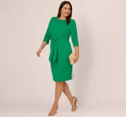 Adrianna Papell Wedding Guest Dresses|Day Dresses*Plus Size Knit Crepe Bow Sheath Dress With Three Quarter Sleeves In Vivid Green