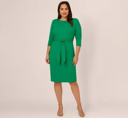 Adrianna Papell Wedding Guest Dresses|Day Dresses*Plus Size Knit Crepe Bow Sheath Dress With Three Quarter Sleeves In Vivid Green