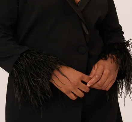 Adrianna Papell Wedding Guest Dresses|Formal Dresses*Plus Size Knit Crepe Long Sleeve Blazer Dress With Feather Trim In