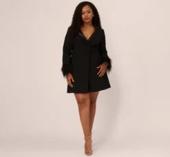 Adrianna Papell Wedding Guest Dresses|Formal Dresses*Plus Size Knit Crepe Long Sleeve Blazer Dress With Feather Trim In