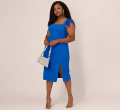 Adrianna Papell Wedding Guest Dresses|Petite-Friendly*Plus Size Knit Crepe Midi Dress With Feather Shoulder Accents In Dark Cobalt