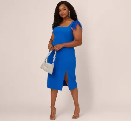 Adrianna Papell Wedding Guest Dresses|Petite-Friendly*Plus Size Knit Crepe Midi Dress With Feather Shoulder Accents In Dark Cobalt