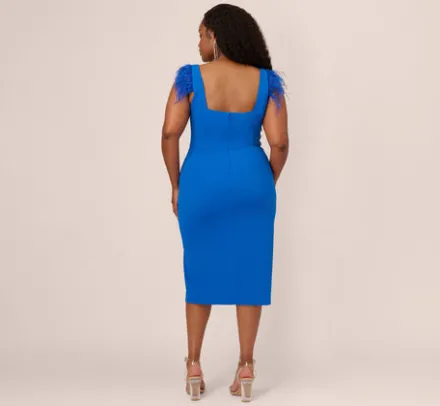 Adrianna Papell Wedding Guest Dresses|Petite-Friendly*Plus Size Knit Crepe Midi Dress With Feather Shoulder Accents In Dark Cobalt
