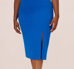 Adrianna Papell Wedding Guest Dresses|Petite-Friendly*Plus Size Knit Crepe Midi Dress With Feather Shoulder Accents In Dark Cobalt