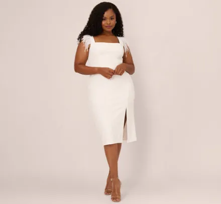 Adrianna Papell Petite-Friendly|Formal Dresses*Plus Size Knit Crepe Midi Dress With Feather Shoulder Accents In