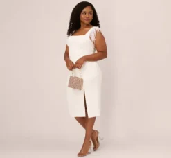 Adrianna Papell Petite-Friendly|Formal Dresses*Plus Size Knit Crepe Midi Dress With Feather Shoulder Accents In