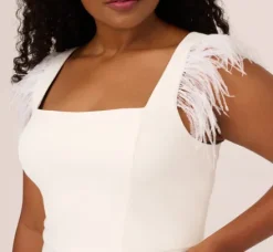 Adrianna Papell Petite-Friendly|Formal Dresses*Plus Size Knit Crepe Midi Dress With Feather Shoulder Accents In