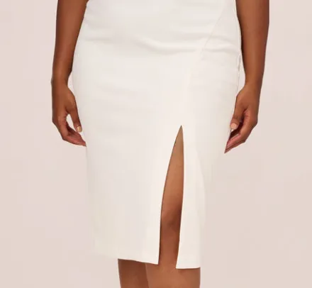 Adrianna Papell Petite-Friendly|Formal Dresses*Plus Size Knit Crepe Midi Dress With Feather Shoulder Accents In