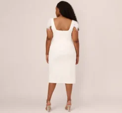 Adrianna Papell Petite-Friendly|Formal Dresses*Plus Size Knit Crepe Midi Dress With Feather Shoulder Accents In